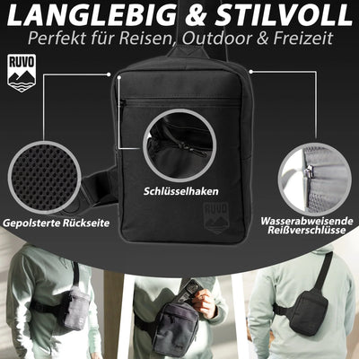 Schwarze Sling-Bag mit gepolsterter Rückseite, Schlüsselhaken und wasserabweisenden Reißverschlüssen, getragen von Person, ideal für Reisen und Outdoor.