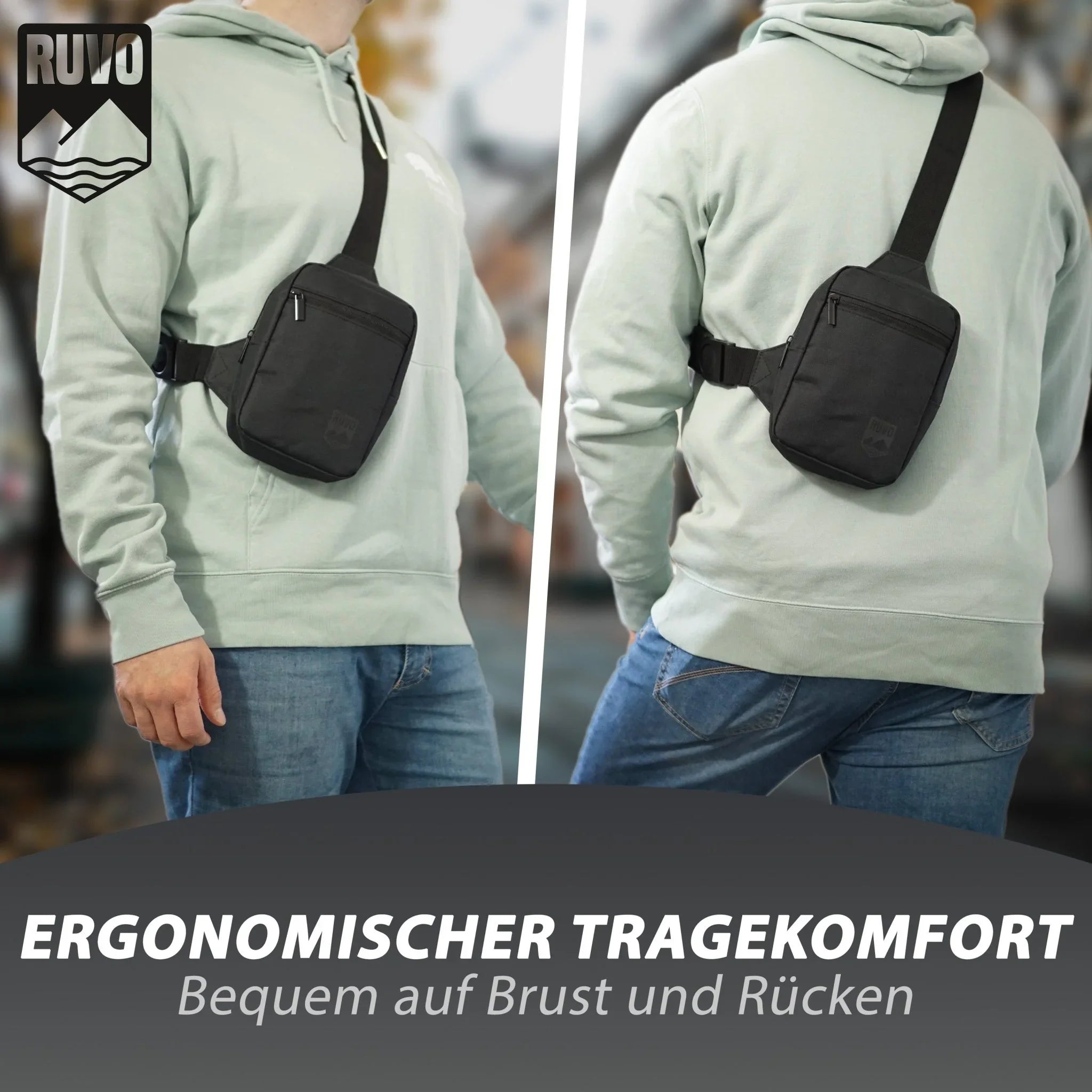 Schwarze Sling Bag wasserfest, ergonomisch getragen auf Brust und Rücken, ideal für Alltag