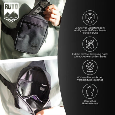 Schwarze Sling Bag, wasserfest, kompakt, mit Reißverschluss und praktischem Innenfach.