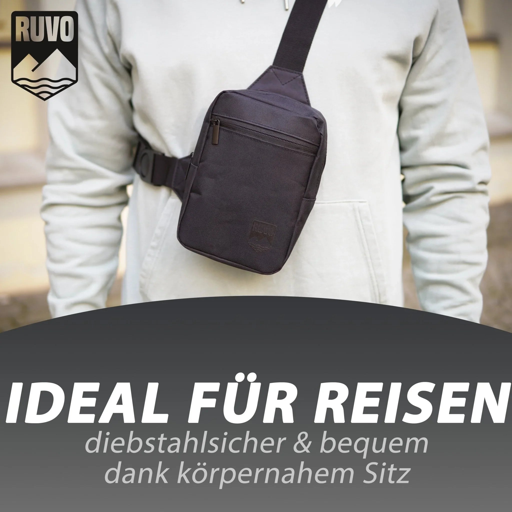 Schwarze Sling Bag, quer getragen, kompakt und körpernah, ideal für Reisen und Alltag.